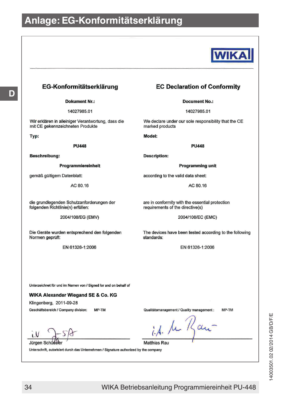 Anlage: eg-konformitätserklärung | WIKA PU-448 User Manual | Page 34 / 68