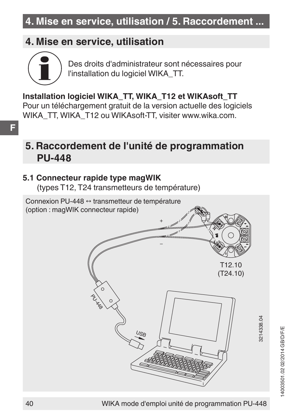 Mise en service, utilisation, Raccordement de l'unité de programmation pu-448, Mise en service, utilisation / 5. raccordement | WIKA PU-448 User Manual | Page 40 / 68