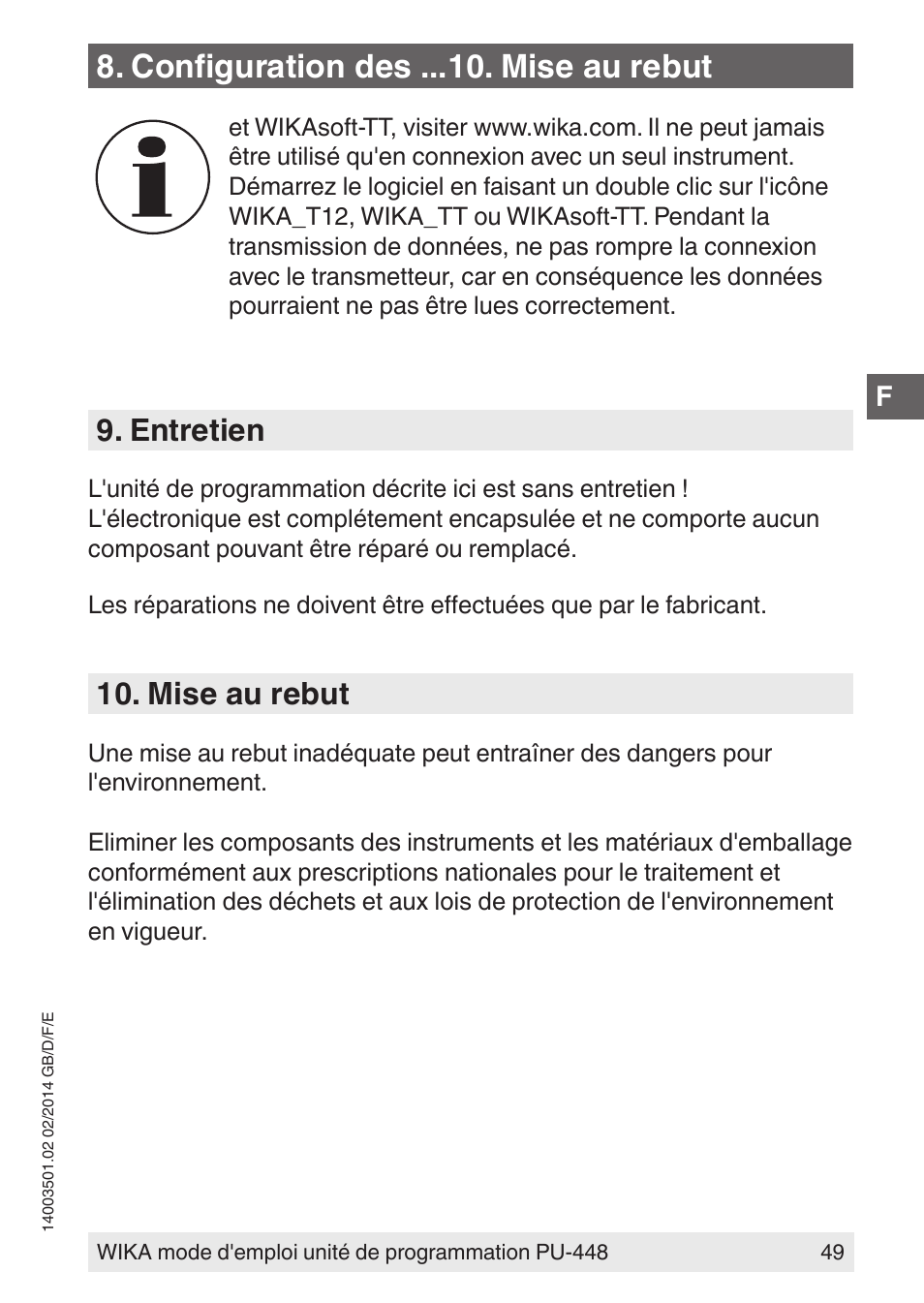 Configuration des . mise au rebut, Entretien, Mise au rebut | WIKA PU-448 User Manual | Page 49 / 68