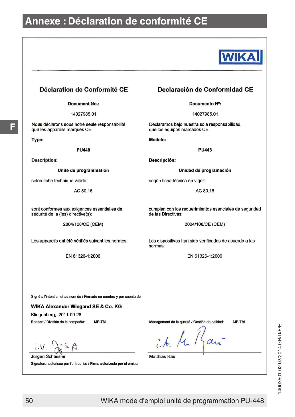 Annexe : déclaration de conformité ce | WIKA PU-448 User Manual | Page 50 / 68