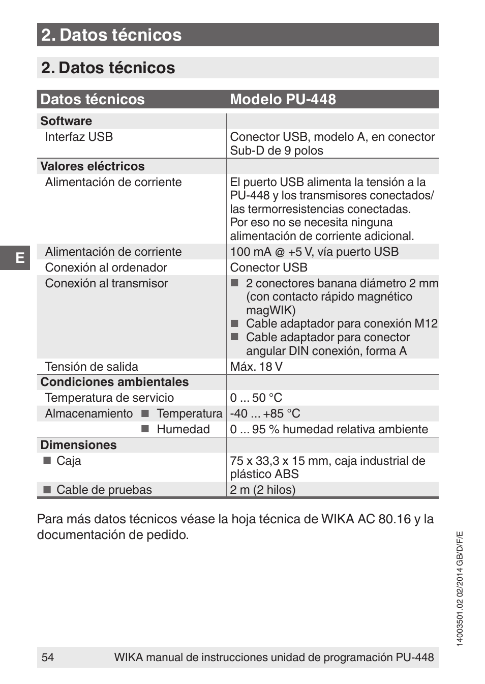 Datos técnicos, Datos técnicos modelo pu-448 | WIKA PU-448 User Manual | Page 54 / 68