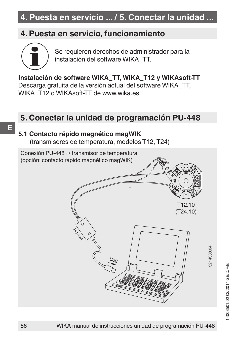 Puesta en servicio ... / 5. conectar la unidad, Puesta en servicio, funcionamiento, Conectar la unidad de programación pu-448 | WIKA PU-448 User Manual | Page 56 / 68