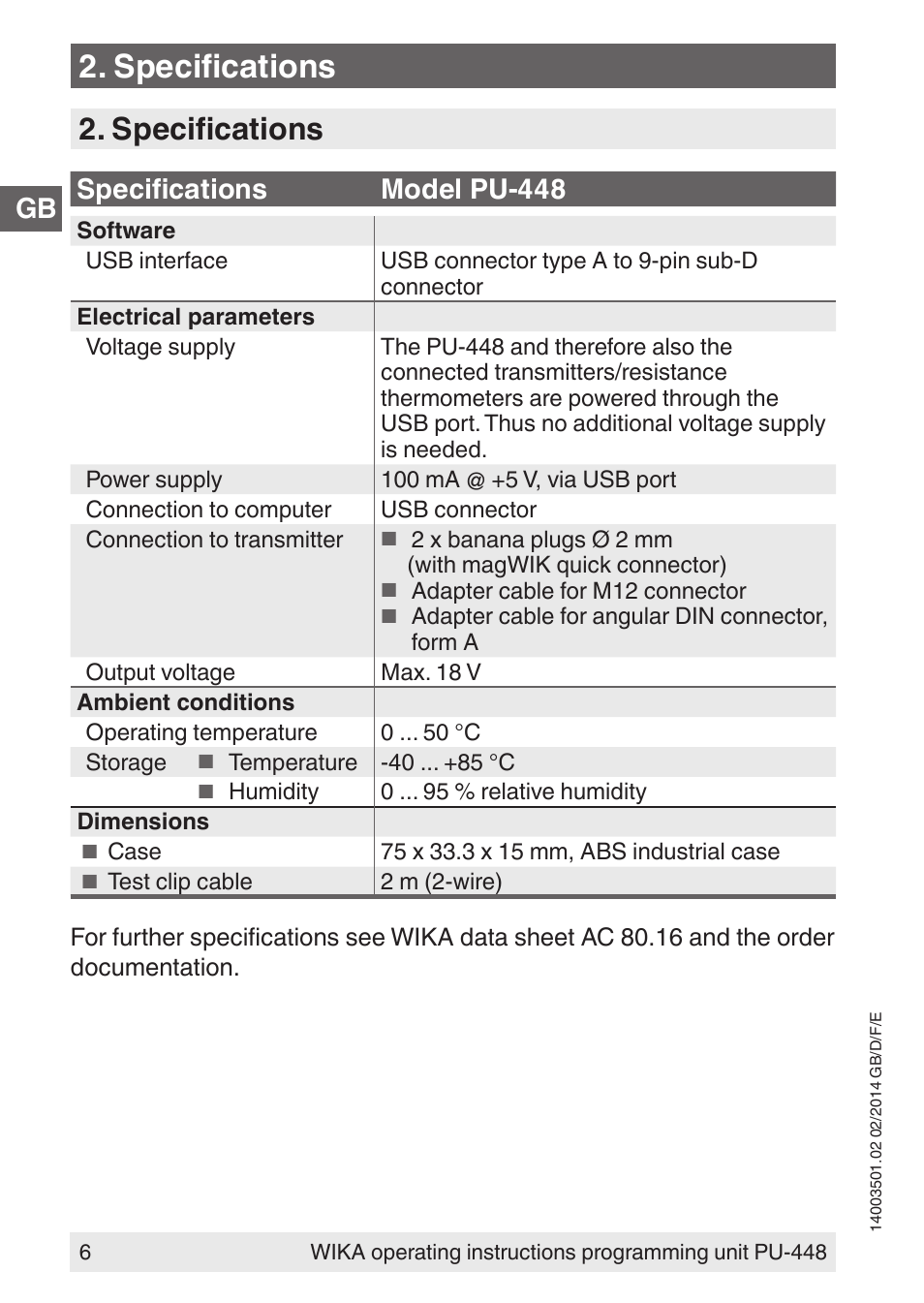 Specifications, Specifications model pu-448 | WIKA PU-448 User Manual | Page 6 / 68