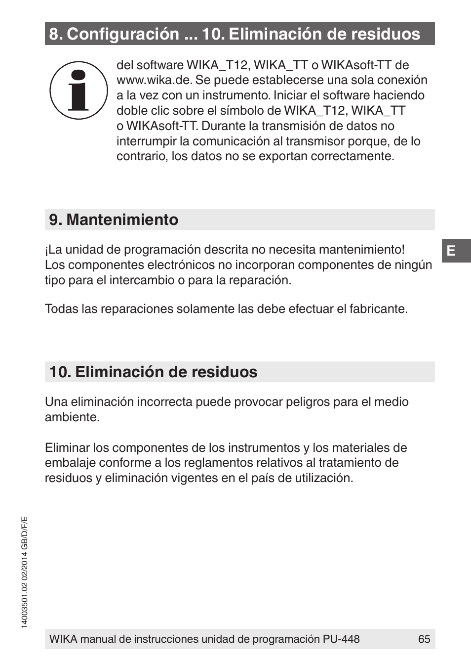 Configuración . eliminación de residuos, Mantenimiento, Eliminación de residuos | WIKA PU-448 User Manual | Page 65 / 68