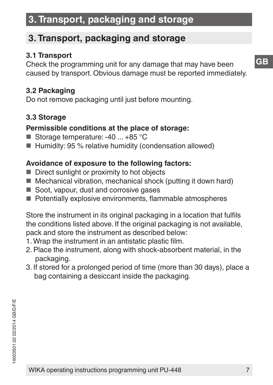 Transport, packaging and storage | WIKA PU-448 User Manual | Page 7 / 68