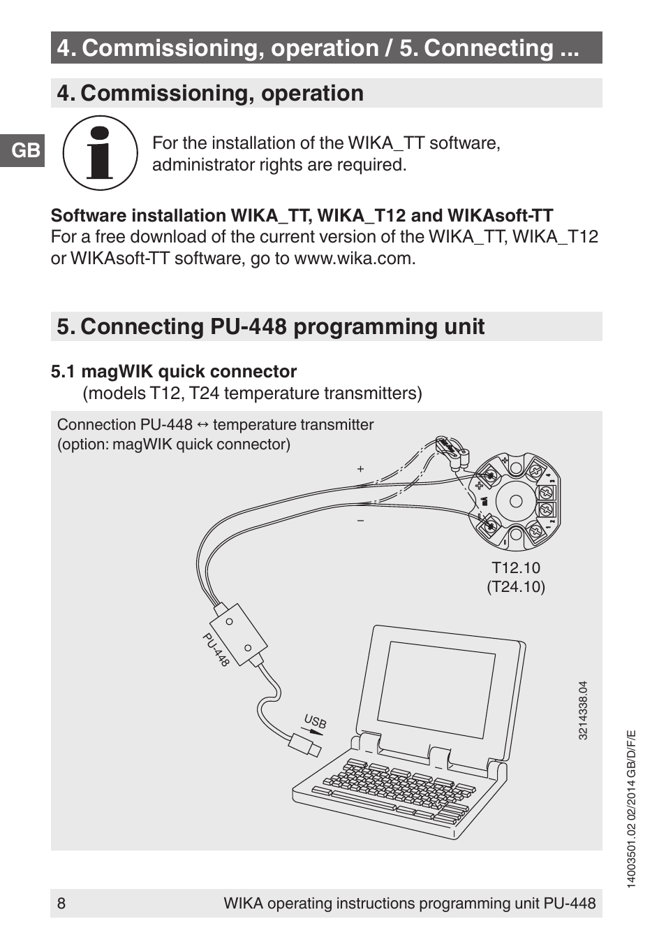 Commissioning, operation / 5. connecting, Commissioning, operation, Connecting pu-448 programming unit | WIKA PU-448 User Manual | Page 8 / 68