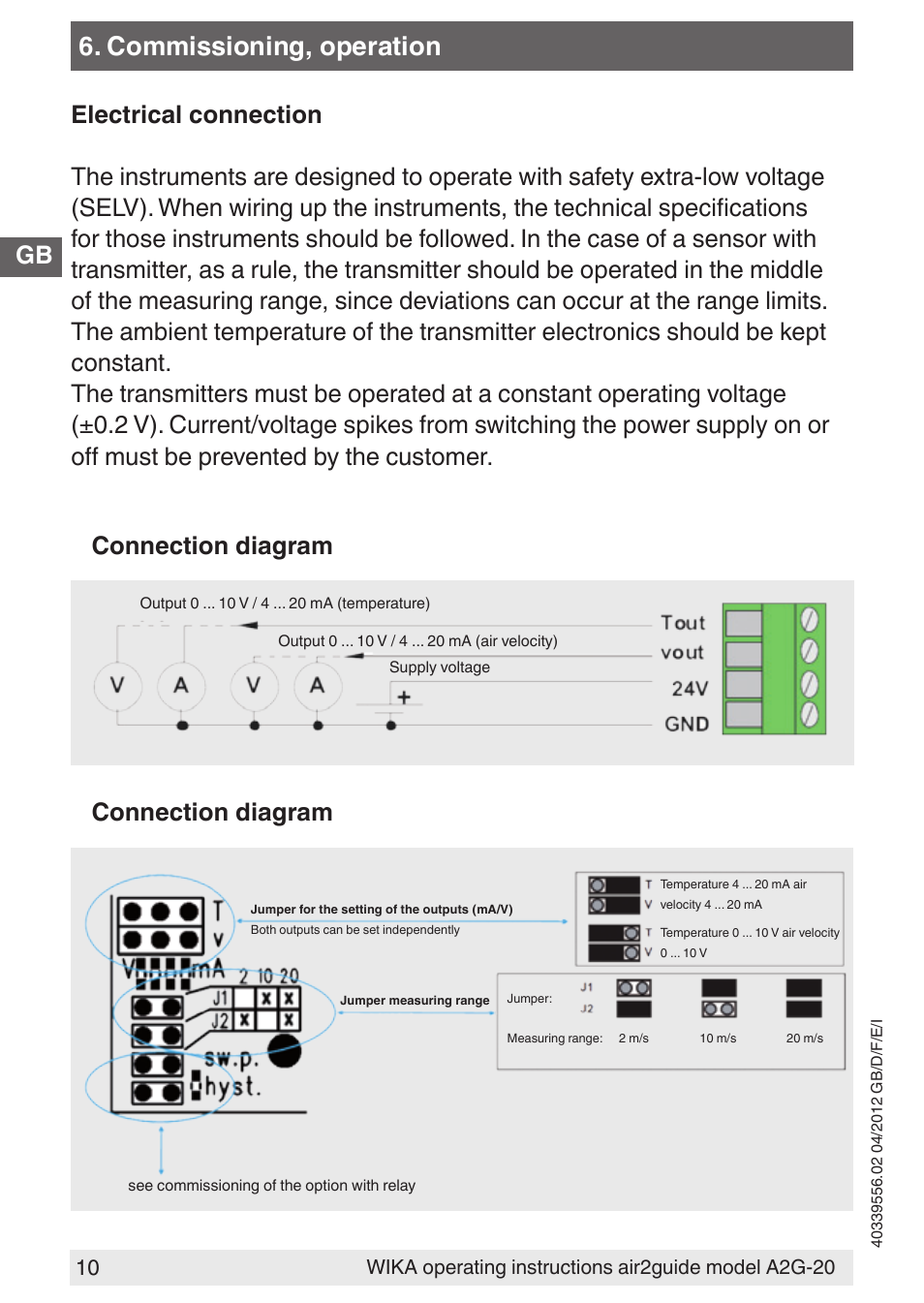 Commissioning, operation, Connection diagram | WIKA A2G-20 User Manual | Page 10 / 52