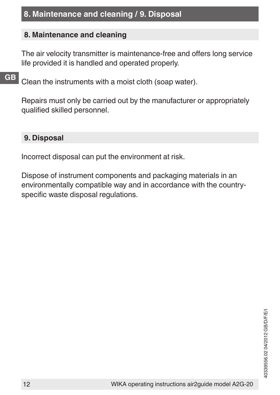 WIKA A2G-20 User Manual | Page 12 / 52