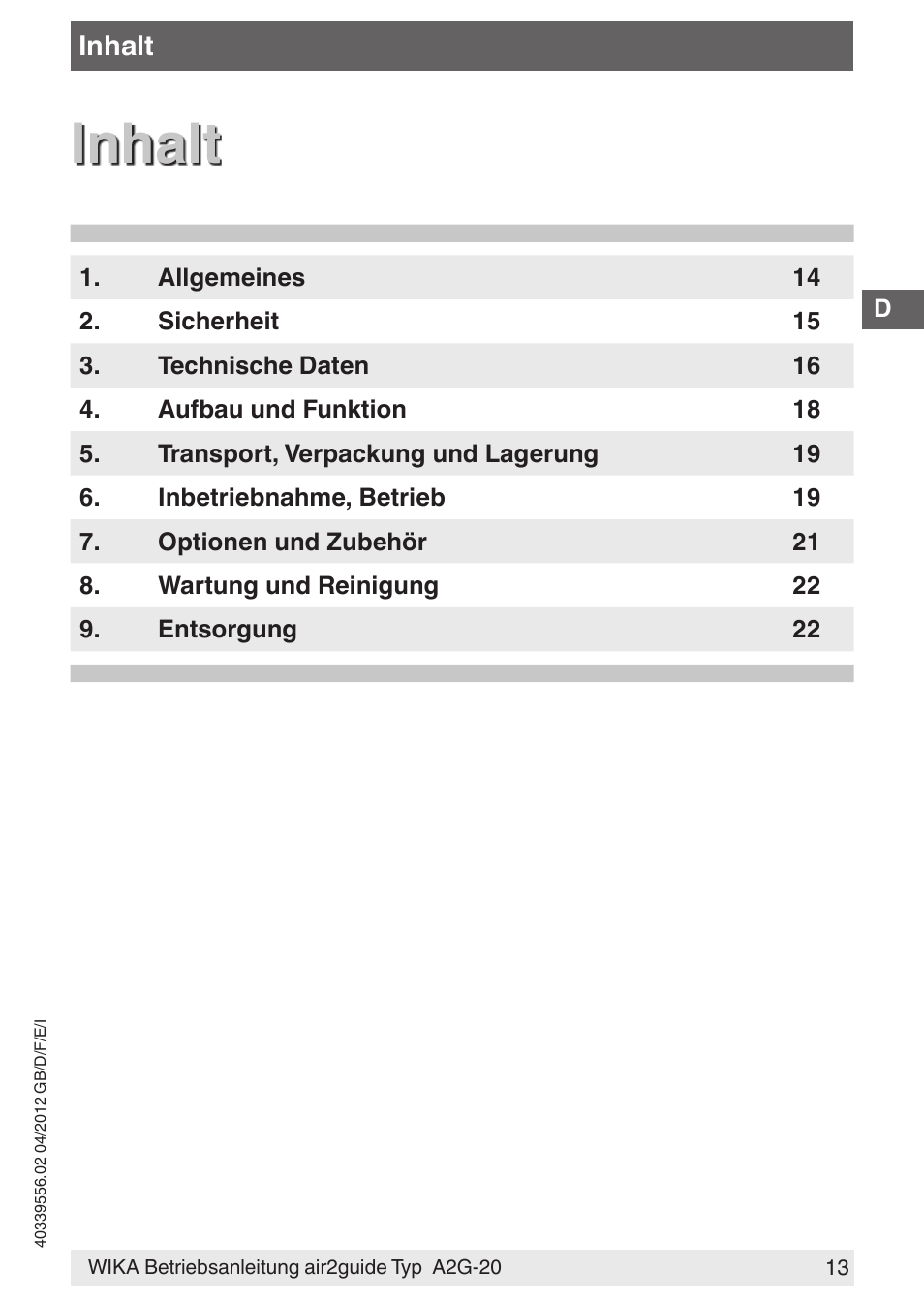 Inhalt | WIKA A2G-20 User Manual | Page 13 / 52