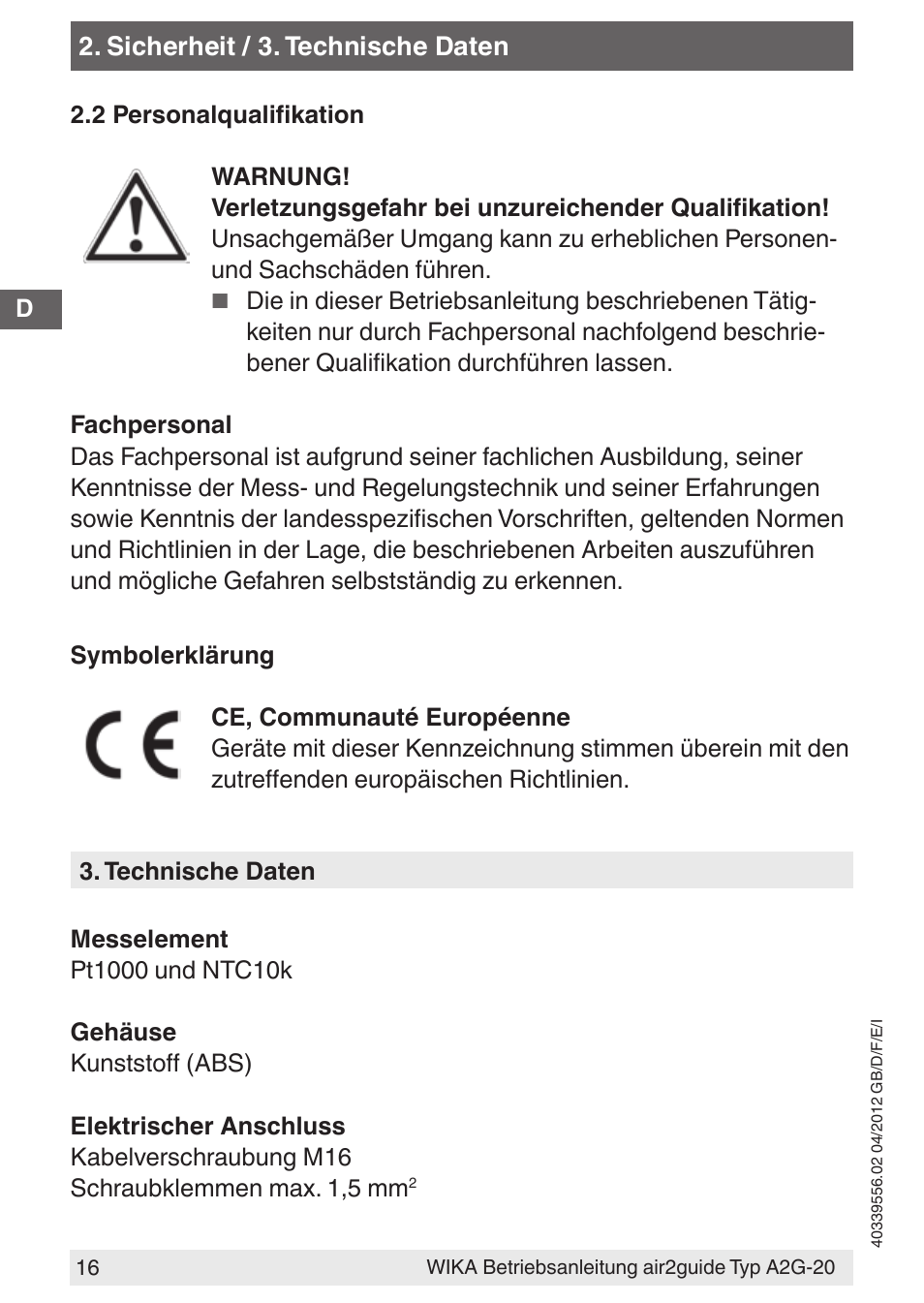 WIKA A2G-20 User Manual | Page 16 / 52