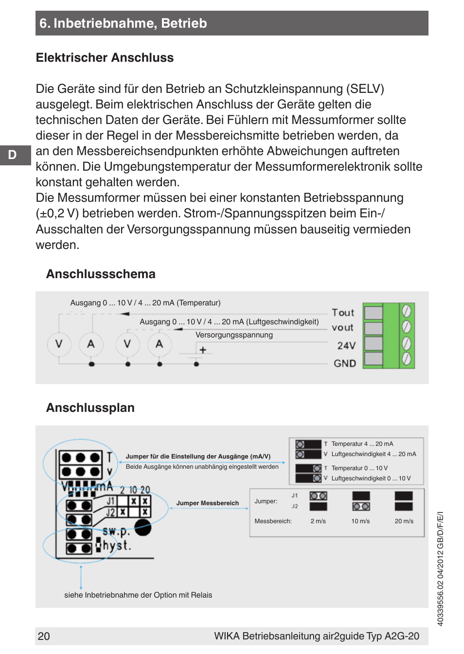 Inbetriebnahme, betrieb, Anschlussschema | WIKA A2G-20 User Manual | Page 20 / 52