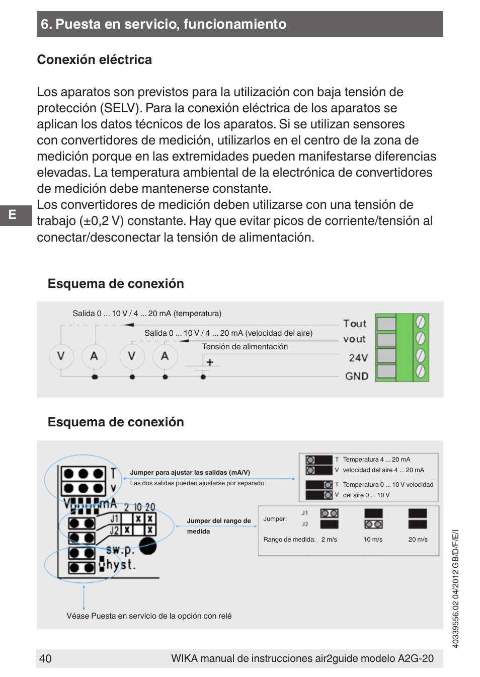Puesta en servicio, funcionamiento, Esquema de conexión | WIKA A2G-20 User Manual | Page 40 / 52