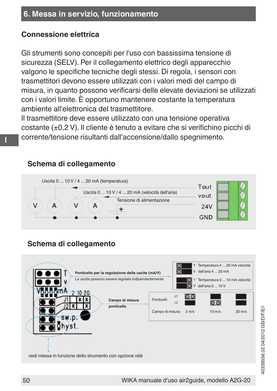 Messa in servizio, funzionamento, Schema di collegamento | WIKA A2G-20 User Manual | Page 50 / 52