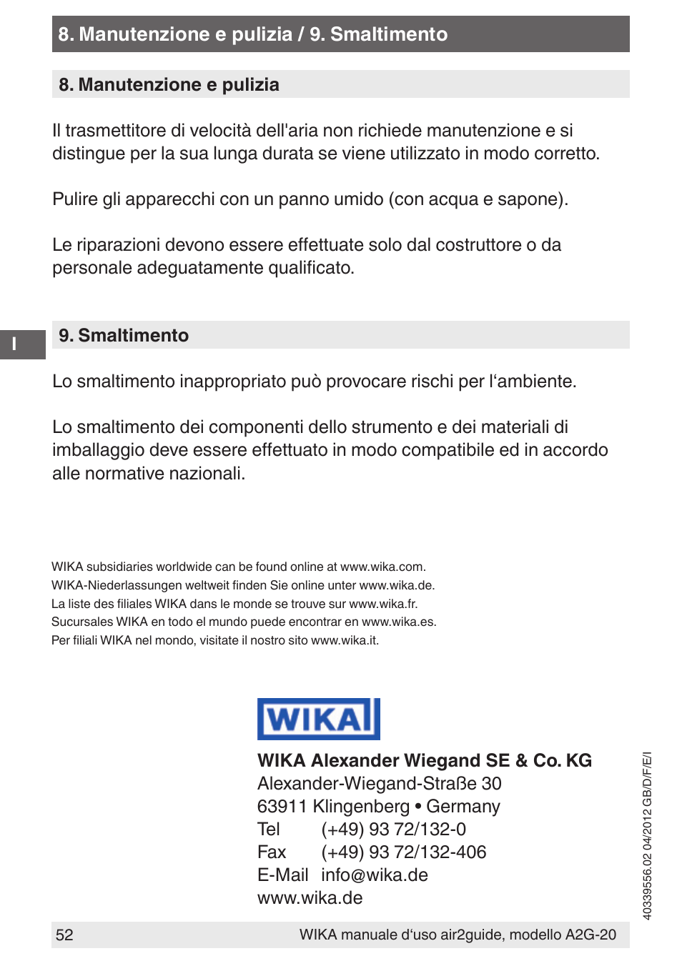 WIKA A2G-20 User Manual | Page 52 / 52