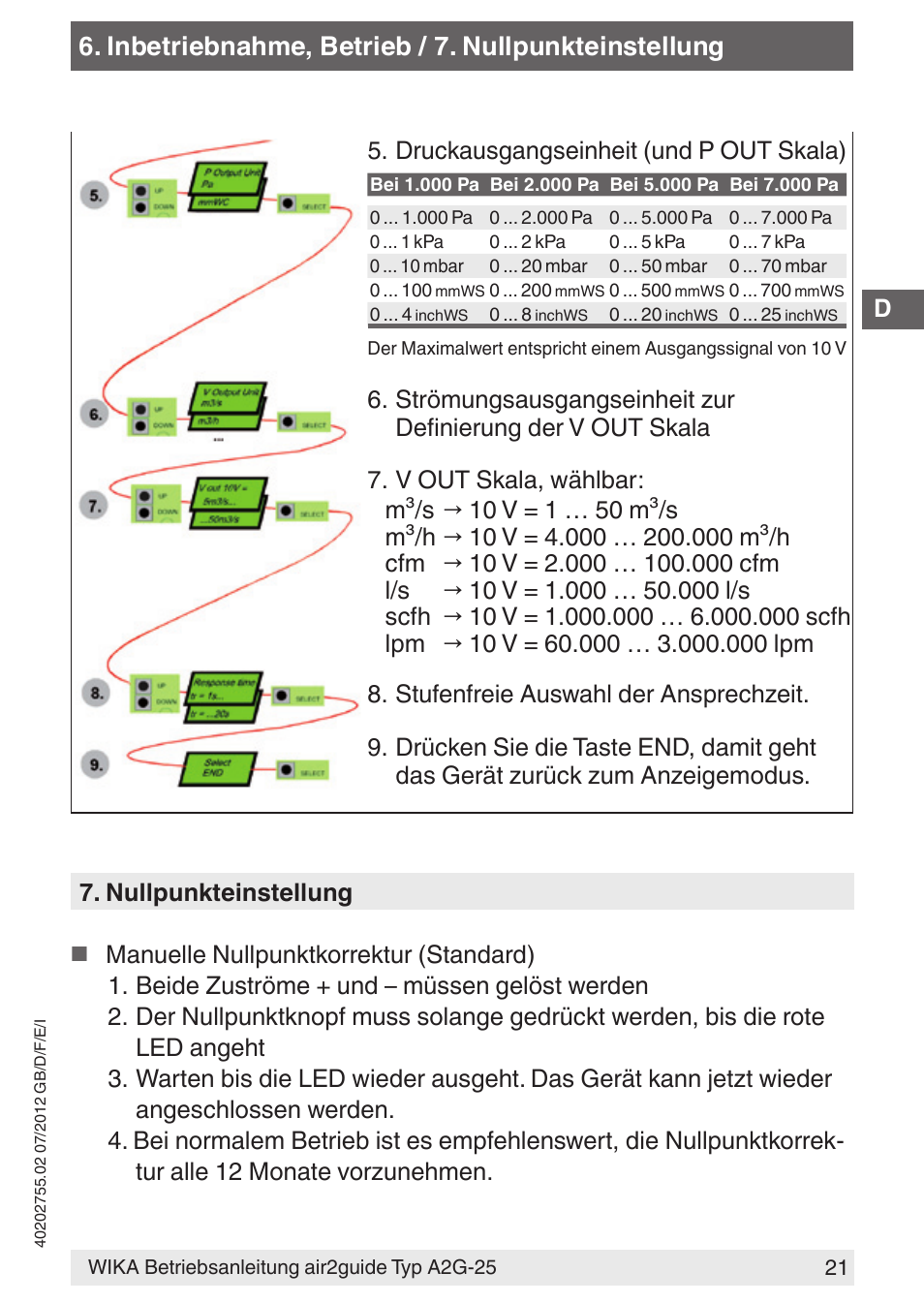 Inbetriebnahme, betrieb / 7. nullpunkteinstellung, Druckausgangseinheit (und p out skala) | WIKA A2G-25 User Manual | Page 21 / 56