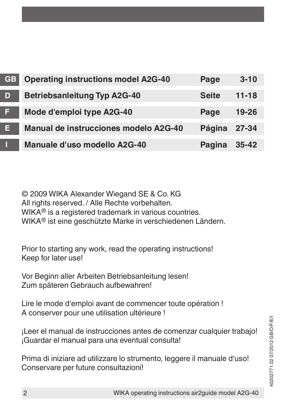 WIKA A2G-40 User Manual | Page 2 / 44