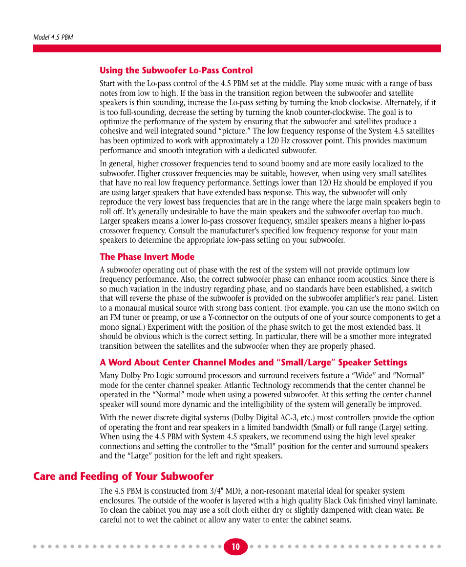 Care and feeding of your subwoofer | Atlantic Technology 4.5PBM User Manual | Page 10 / 12