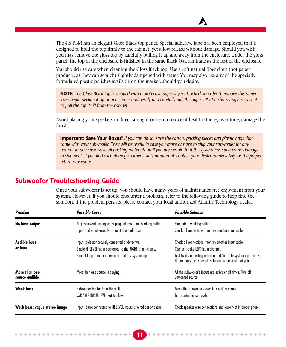 Atlantic technology, Subwoofer troubleshooting guide | Atlantic Technology 4.5PBM User Manual | Page 11 / 12