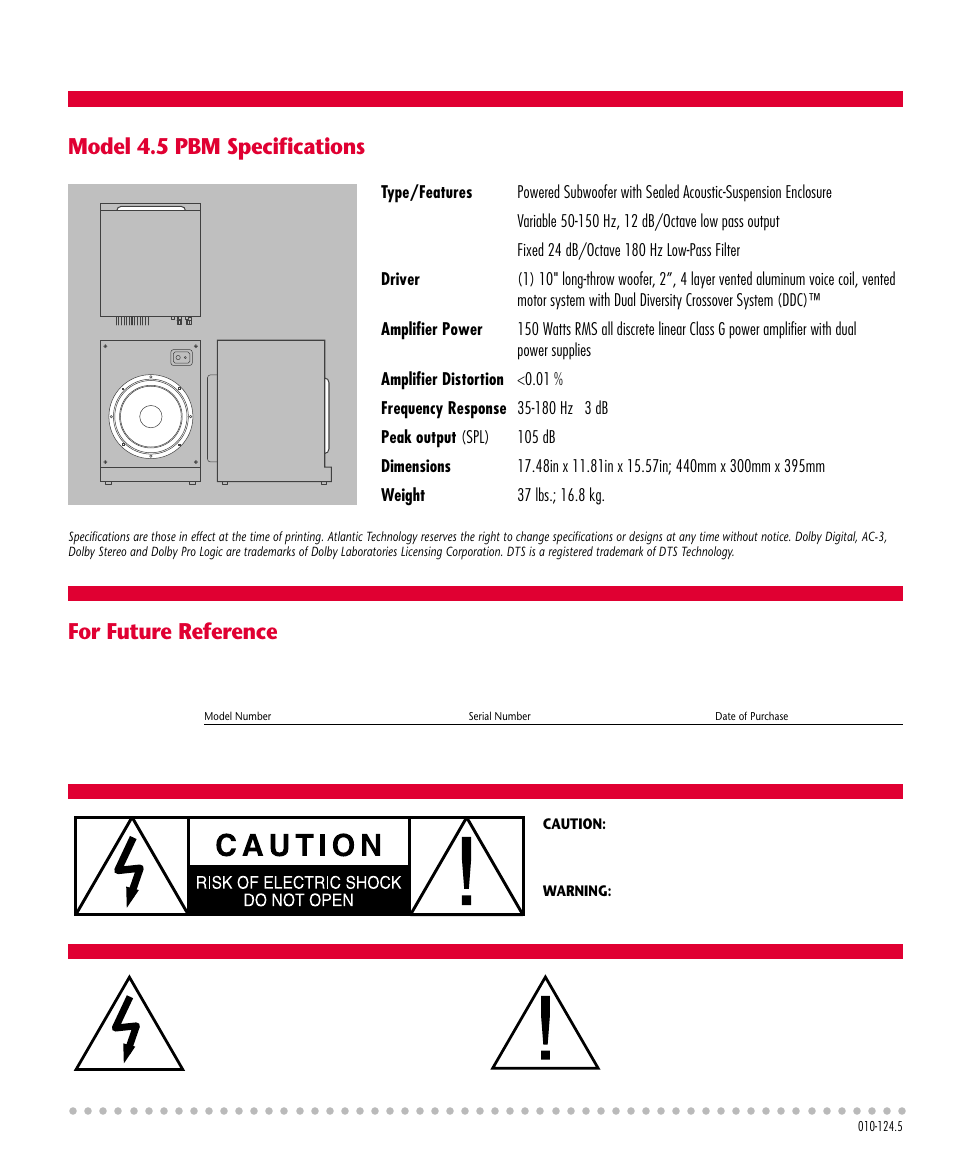 Model 4.5 pbm specifications, For future reference | Atlantic Technology 4.5PBM User Manual | Page 12 / 12