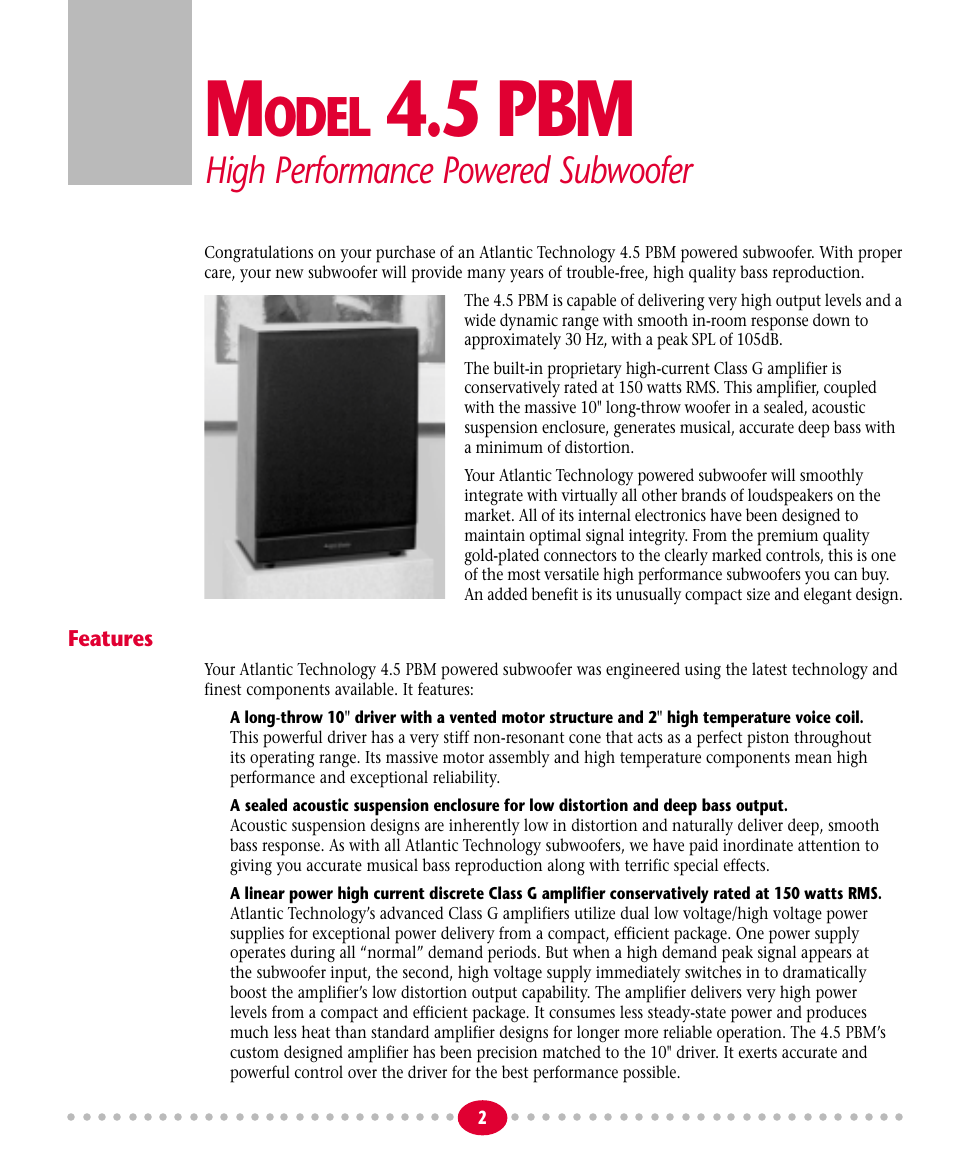 5 pbm, Odel, High performance powered subwoofer | Atlantic Technology 4.5PBM User Manual | Page 2 / 12