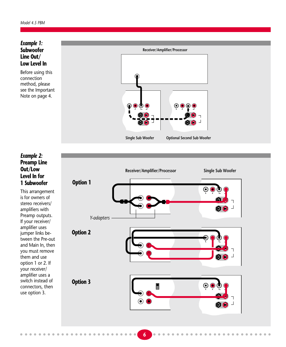 Example 1: subwoofer line out/ low level in, Option 1 option 3 option 2, Y-adapters | Model 4.5 pbm, Single sub woofer, Receiver/amplifier/processor | Atlantic Technology 4.5PBM User Manual | Page 6 / 12