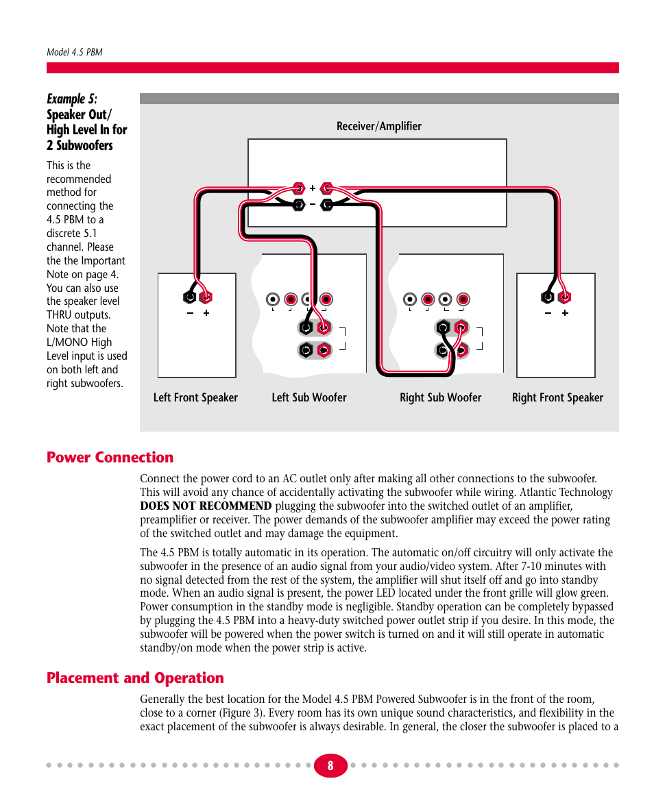 Power connection, Placement and operation, Model 4.5 pbm | Atlantic Technology 4.5PBM User Manual | Page 8 / 12