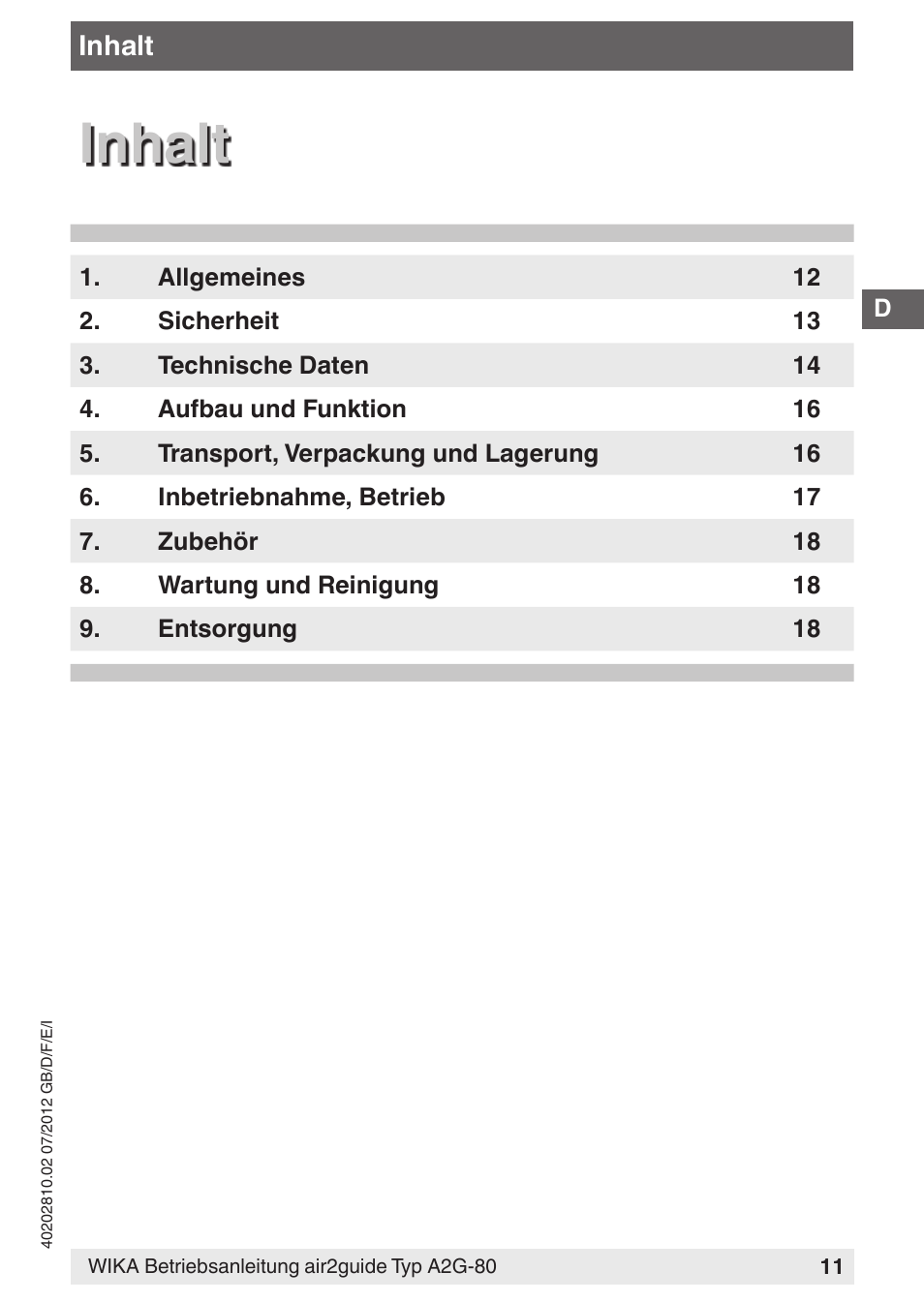 Inhalt | WIKA A2G-80 User Manual | Page 11 / 44