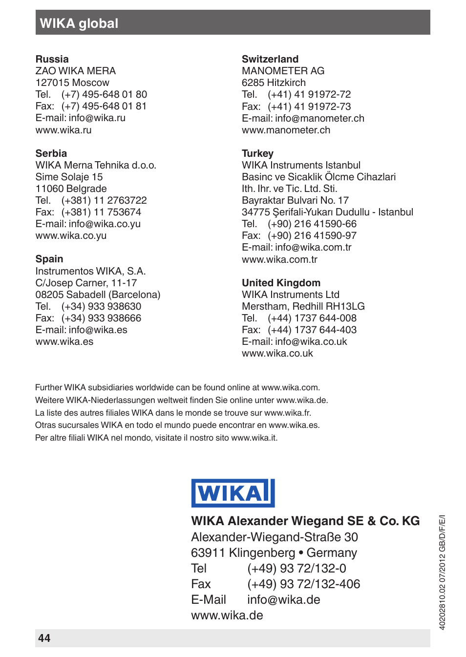 Wika global | WIKA A2G-80 User Manual | Page 44 / 44