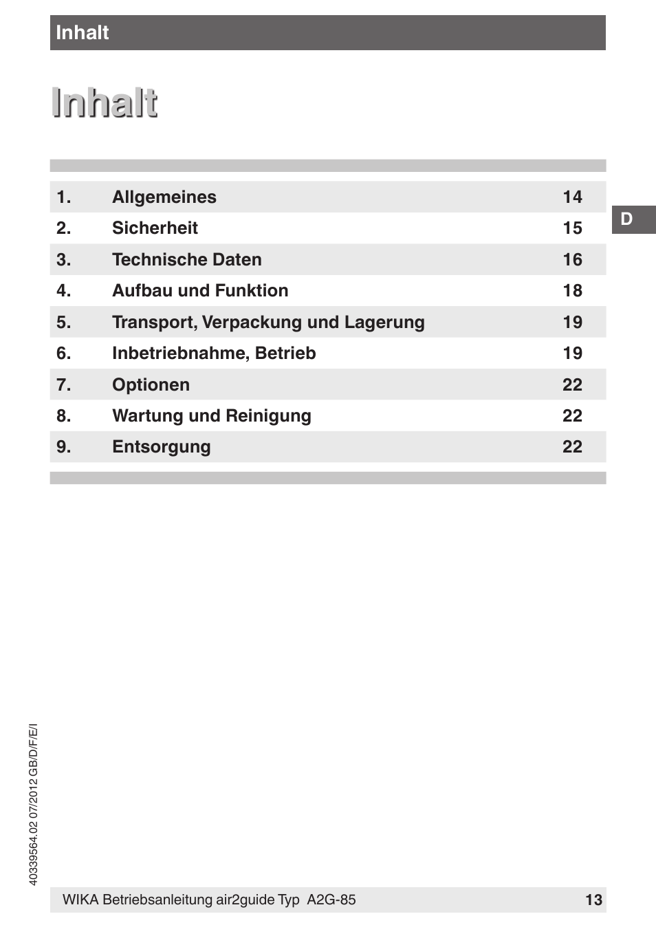 Inhalt | WIKA A2G-85 User Manual | Page 13 / 56