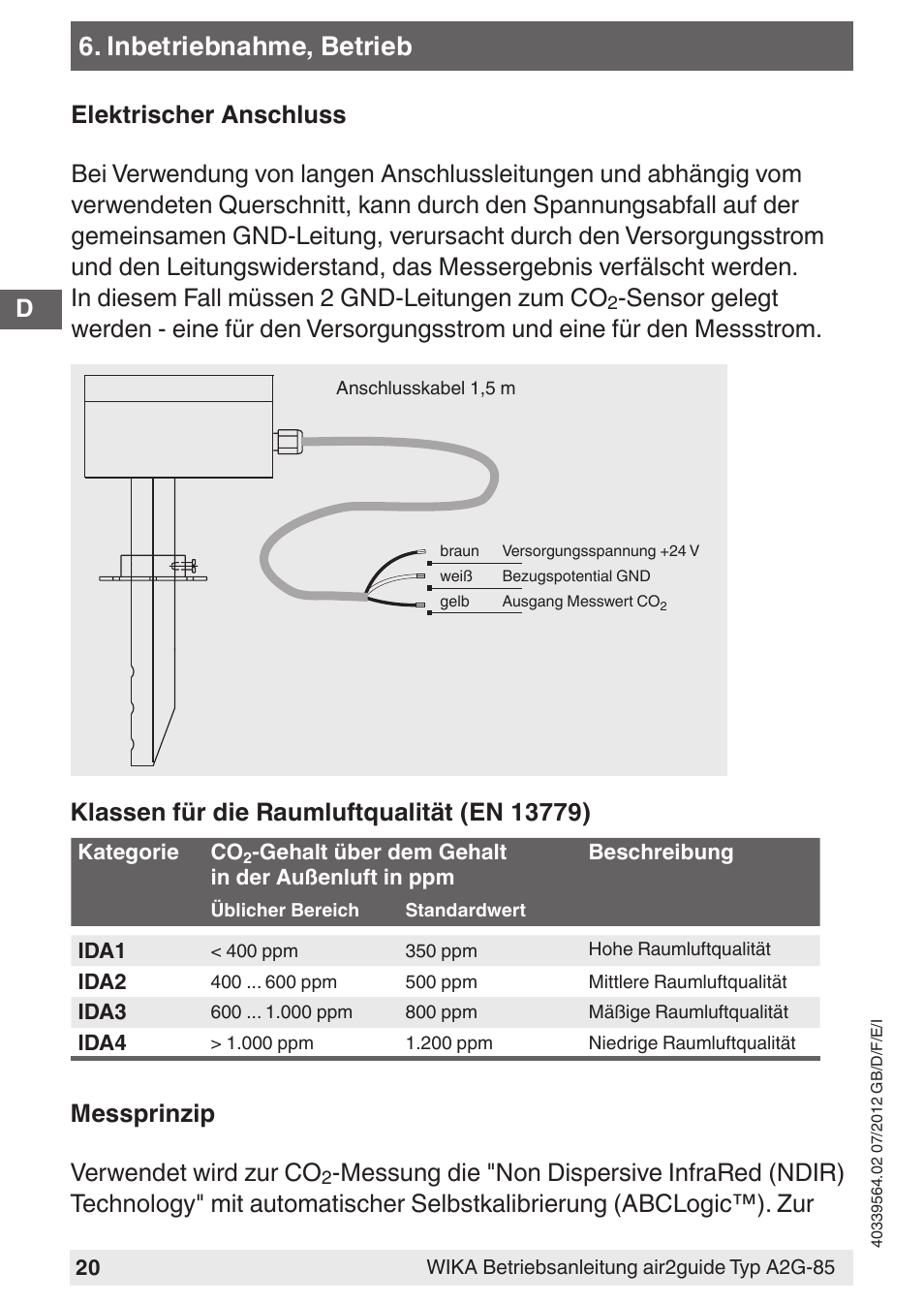 Inbetriebnahme, betrieb, Messprinzip verwendet wird zur co | WIKA A2G-85 User Manual | Page 20 / 56