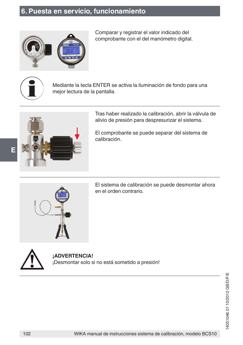 E6. puesta en servicio, funcionamiento | WIKA BCS10 User Manual | Page 102 / 108