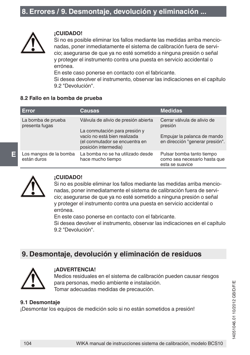 Desmontaje, devolución y eliminación de residuos | WIKA BCS10 User Manual | Page 104 / 108