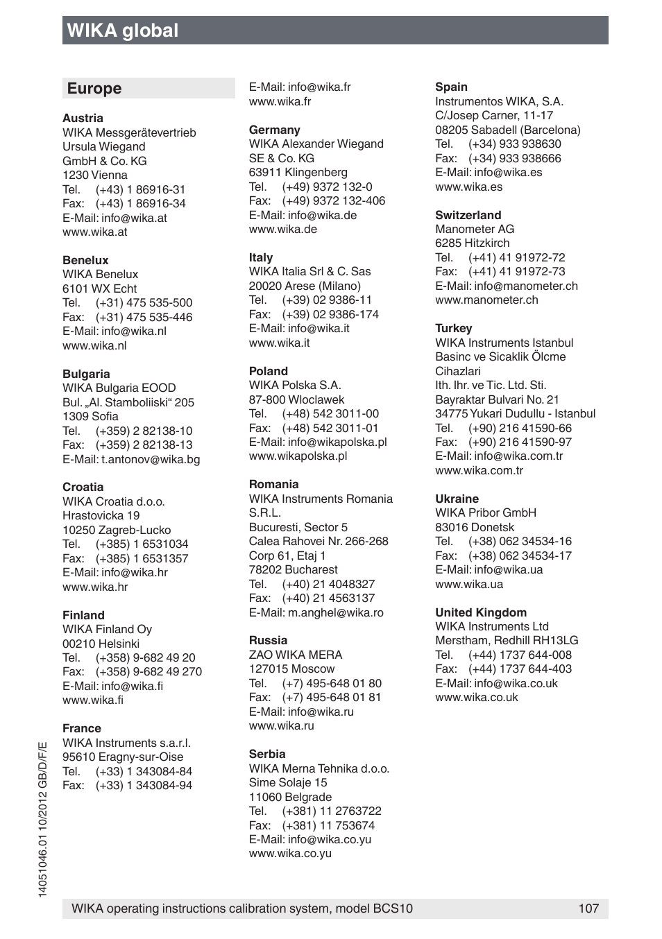 Wika global, Europe | WIKA BCS10 User Manual | Page 107 / 108