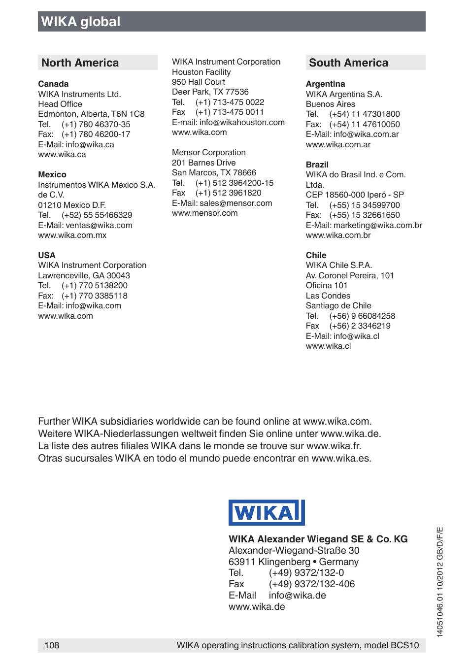 Wika global, North america, South america | WIKA BCS10 User Manual | Page 108 / 108