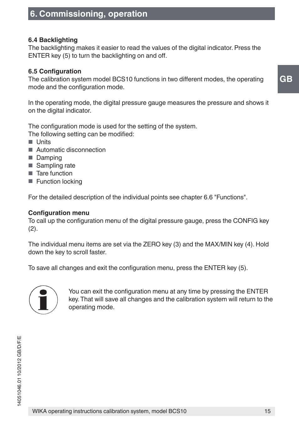 Gb 6. commissioning, operation | WIKA BCS10 User Manual | Page 15 / 108