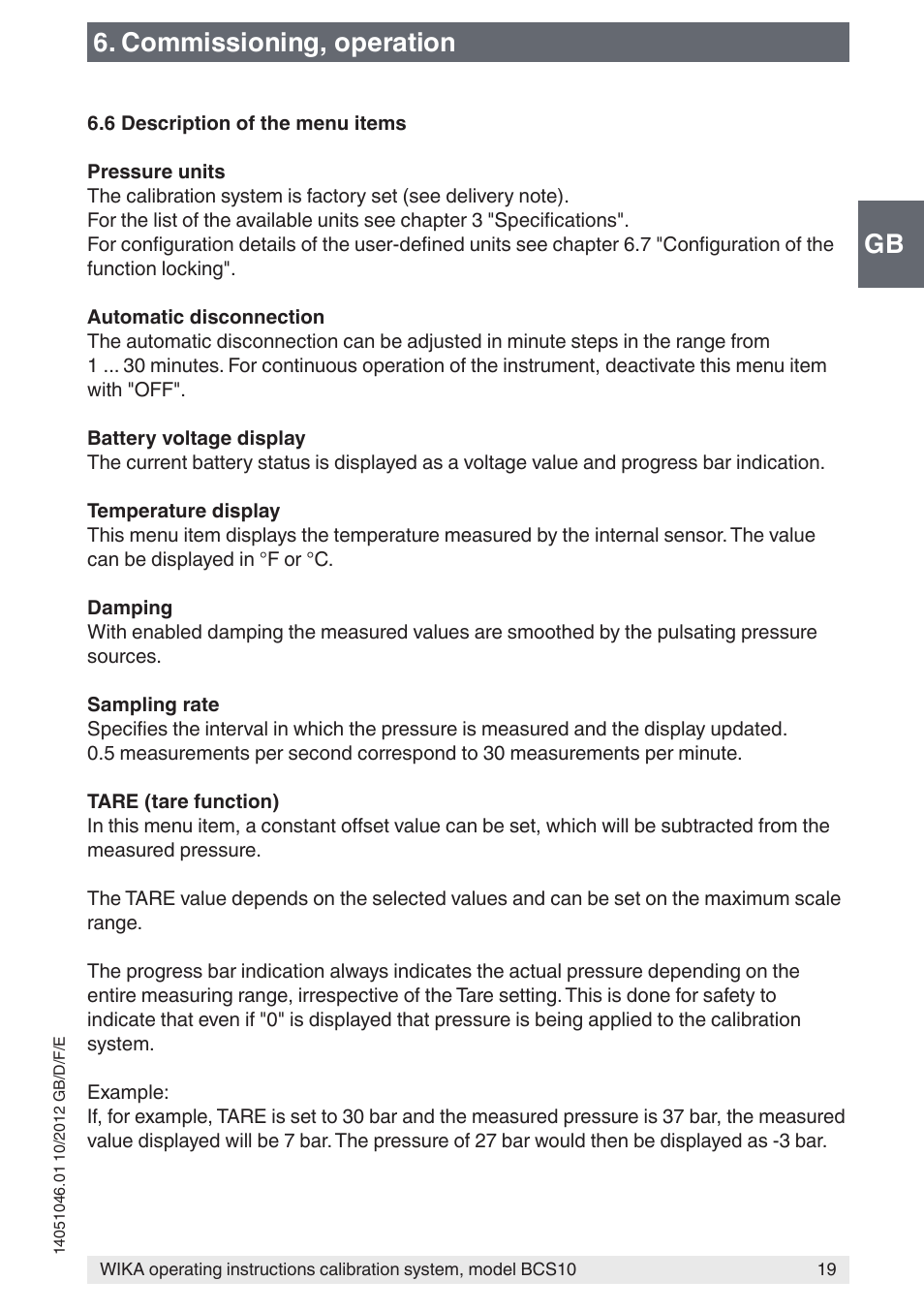 Gb 6. commissioning, operation | WIKA BCS10 User Manual | Page 19 / 108