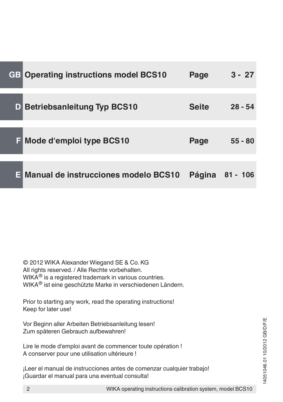 Gb d f e, Mode d‘emploi type bcs10 page, Manual de instrucciones modelo bcs10 página | WIKA BCS10 User Manual | Page 2 / 108