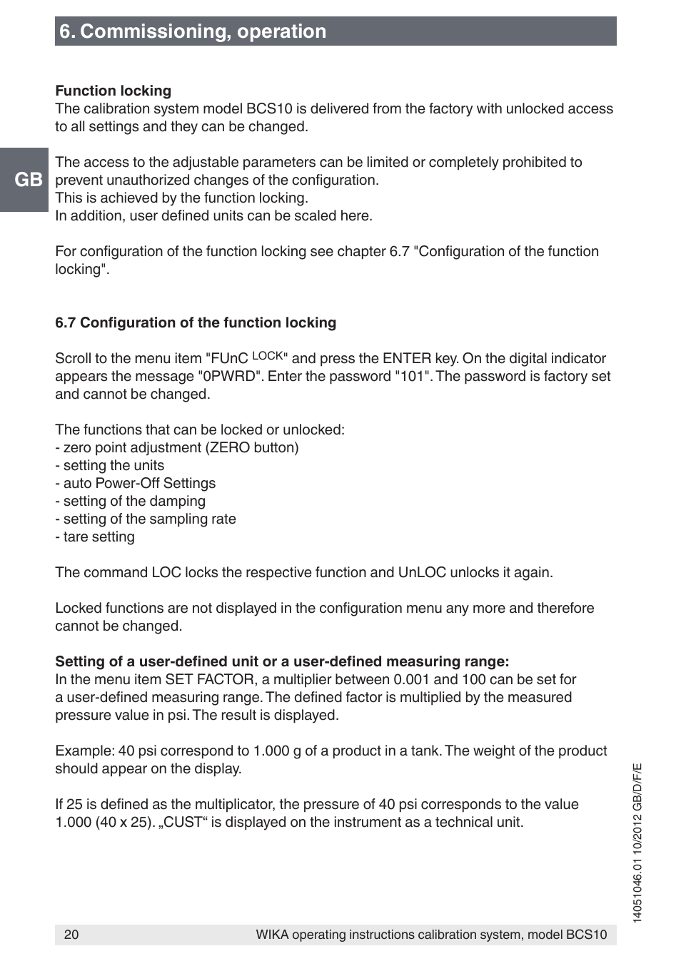 Gb 6. commissioning, operation | WIKA BCS10 User Manual | Page 20 / 108