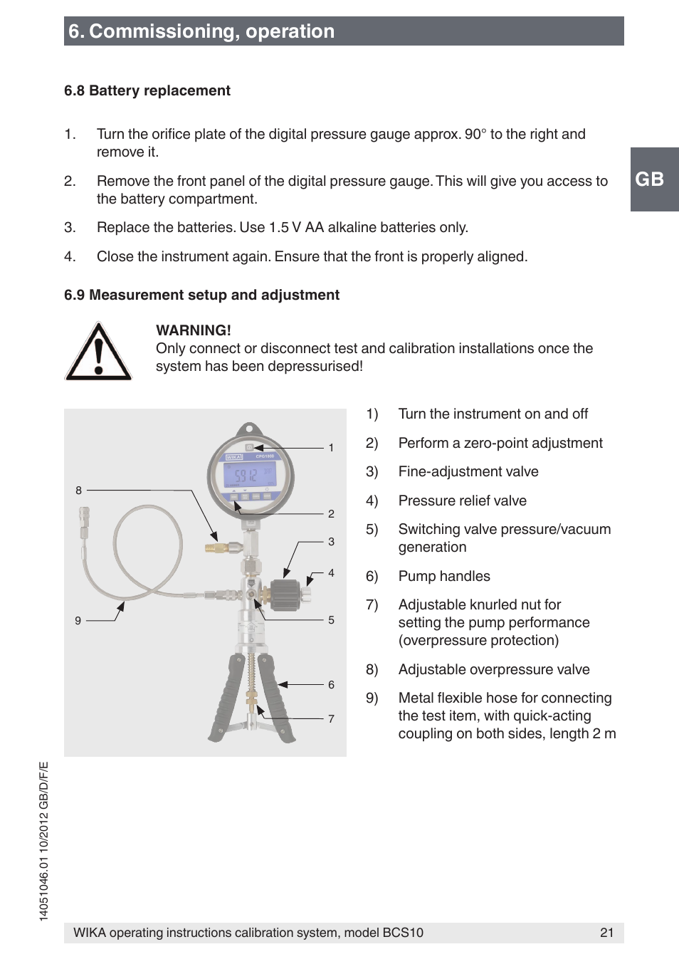 Gb 6. commissioning, operation | WIKA BCS10 User Manual | Page 21 / 108