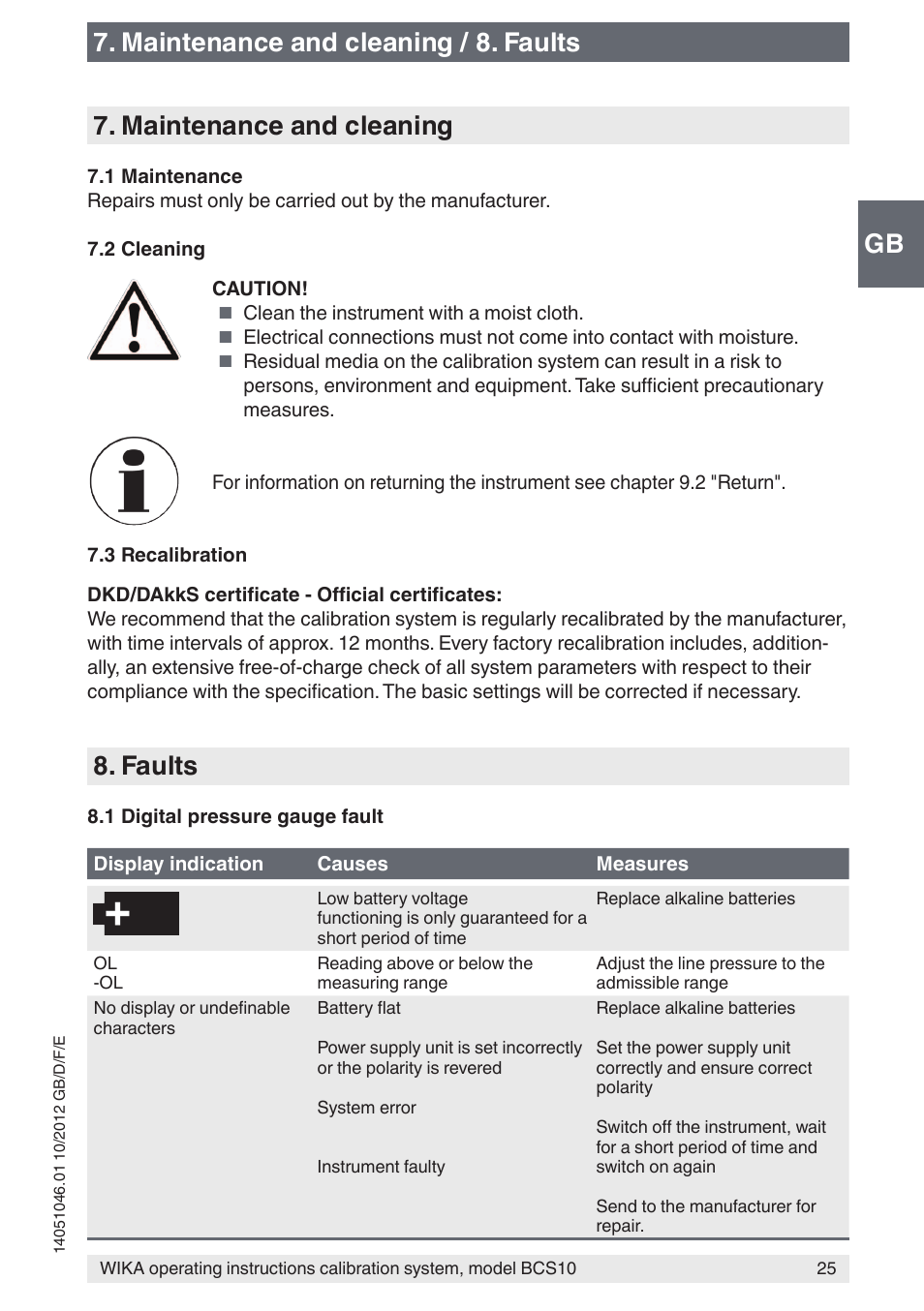 Faults | WIKA BCS10 User Manual | Page 25 / 108