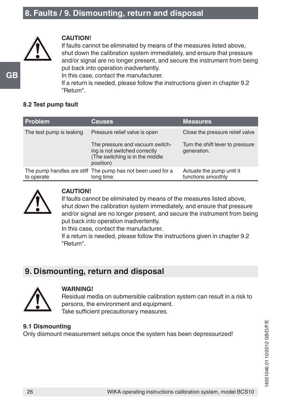 Gb 8. faults / 9. dismounting, return and disposal, Dismounting, return and disposal | WIKA BCS10 User Manual | Page 26 / 108