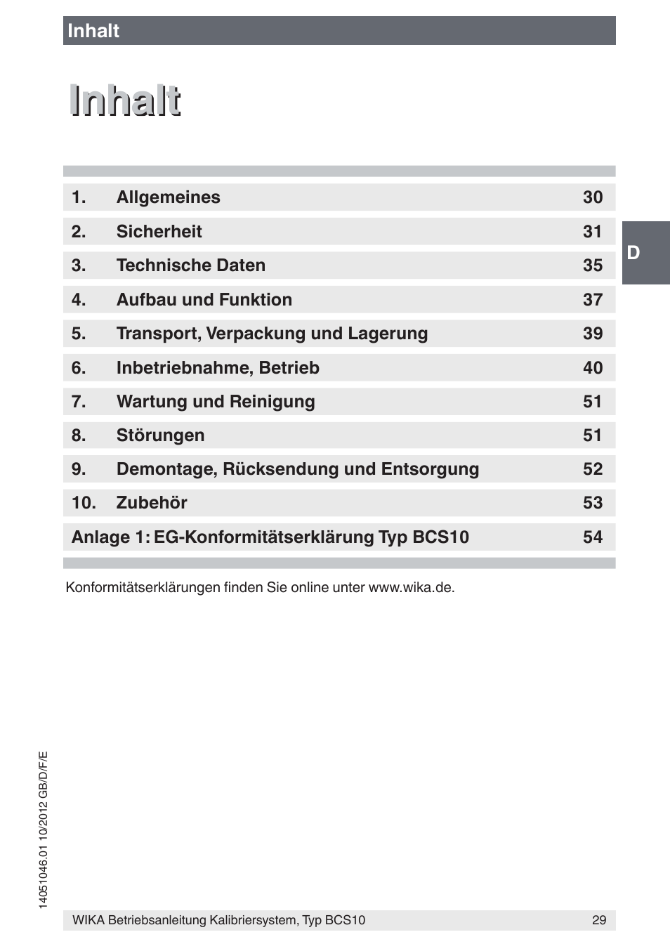 Inhalt | WIKA BCS10 User Manual | Page 29 / 108