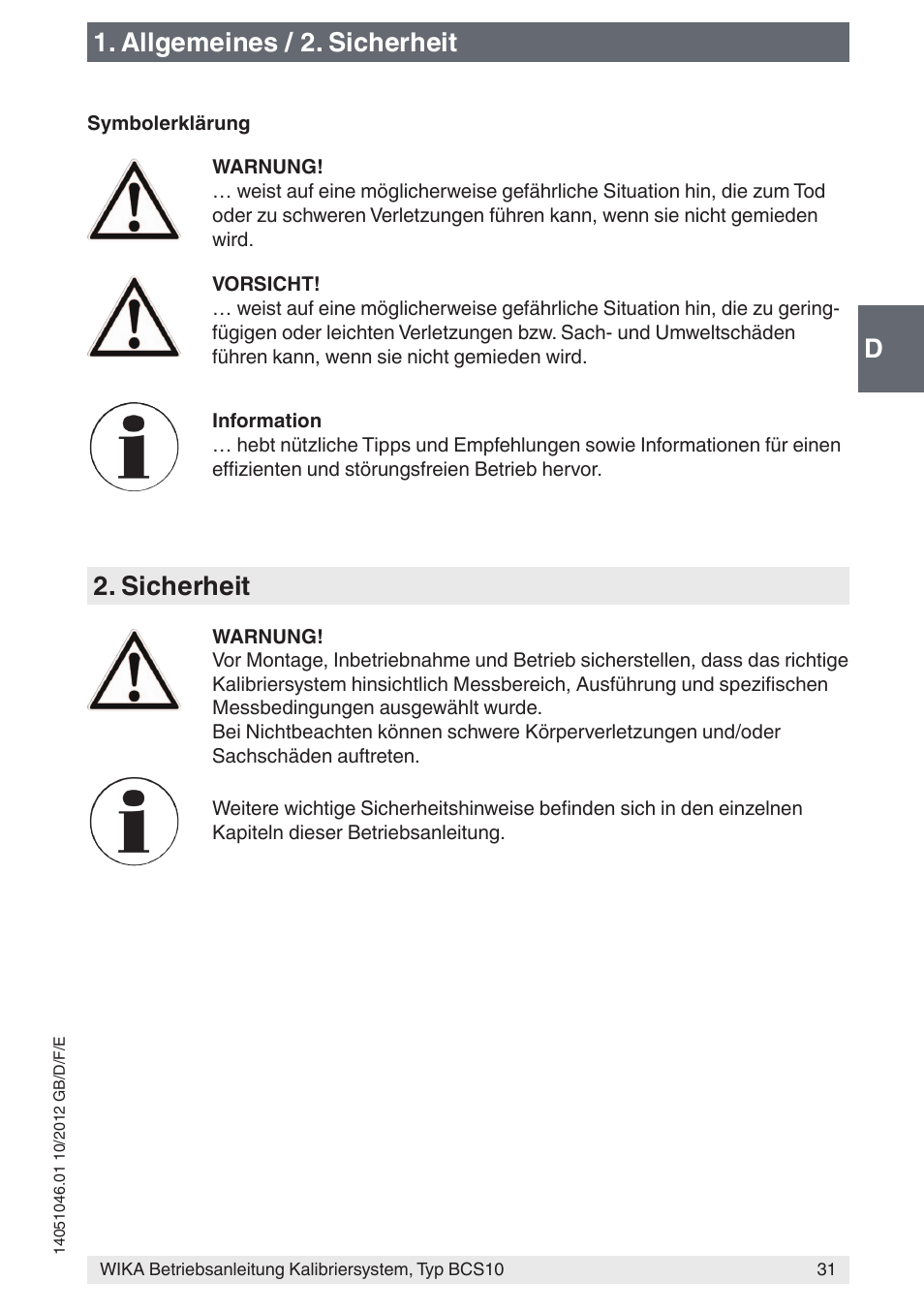 D1. allgemeines / 2. sicherheit, Sicherheit | WIKA BCS10 User Manual | Page 31 / 108