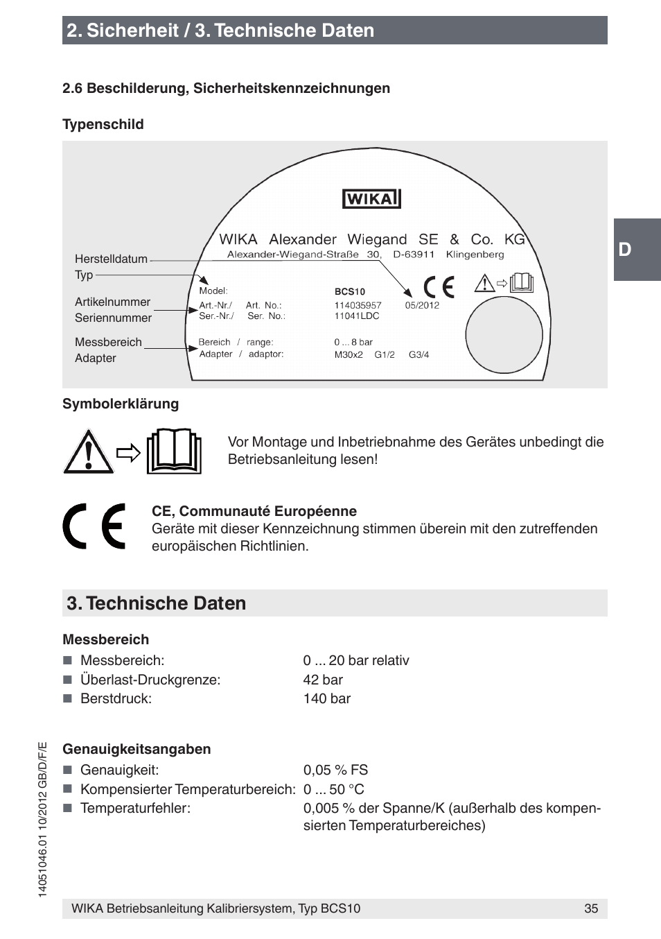 D2. sicherheit / 3. technische daten, Technische daten | WIKA BCS10 User Manual | Page 35 / 108