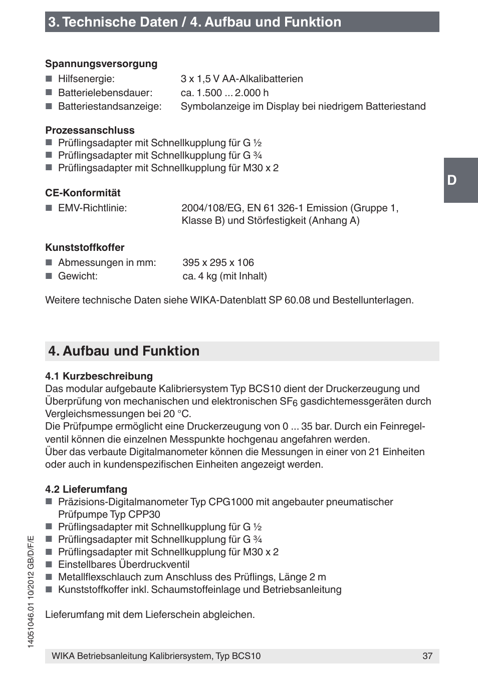 D3. technische daten / 4. aufbau und funktion, Aufbau und funktion | WIKA BCS10 User Manual | Page 37 / 108