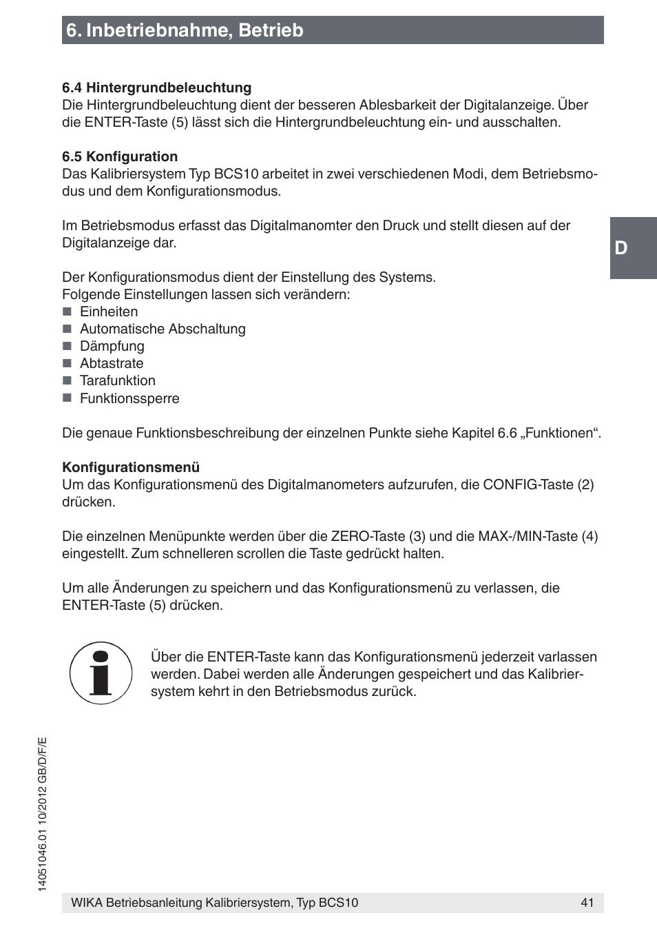 D6. inbetriebnahme, betrieb | WIKA BCS10 User Manual | Page 41 / 108