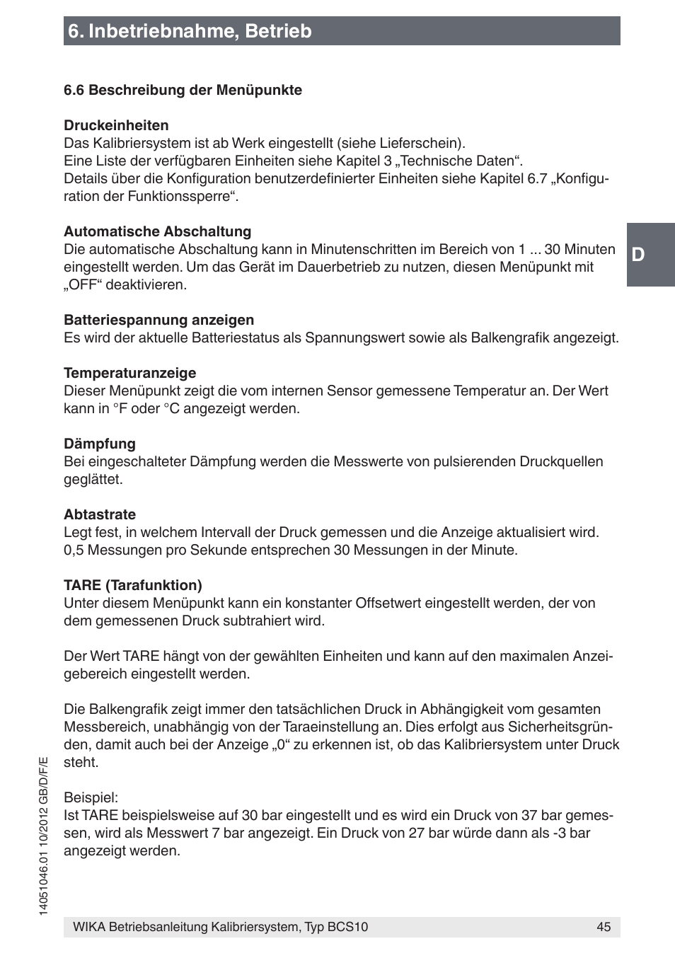 D6. inbetriebnahme, betrieb | WIKA BCS10 User Manual | Page 45 / 108