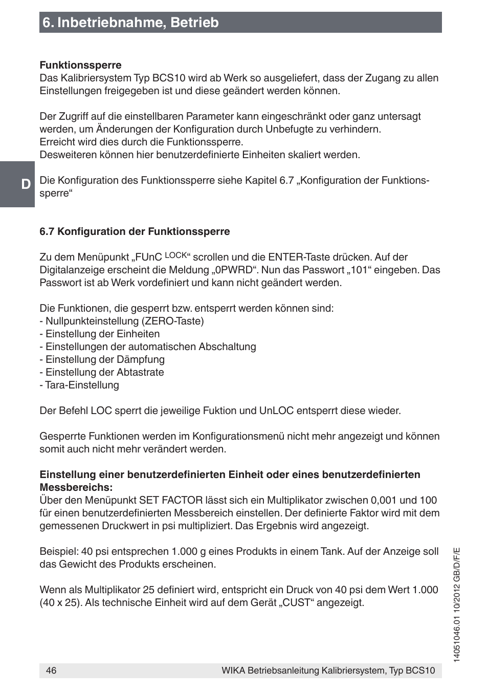 D6. inbetriebnahme, betrieb | WIKA BCS10 User Manual | Page 46 / 108