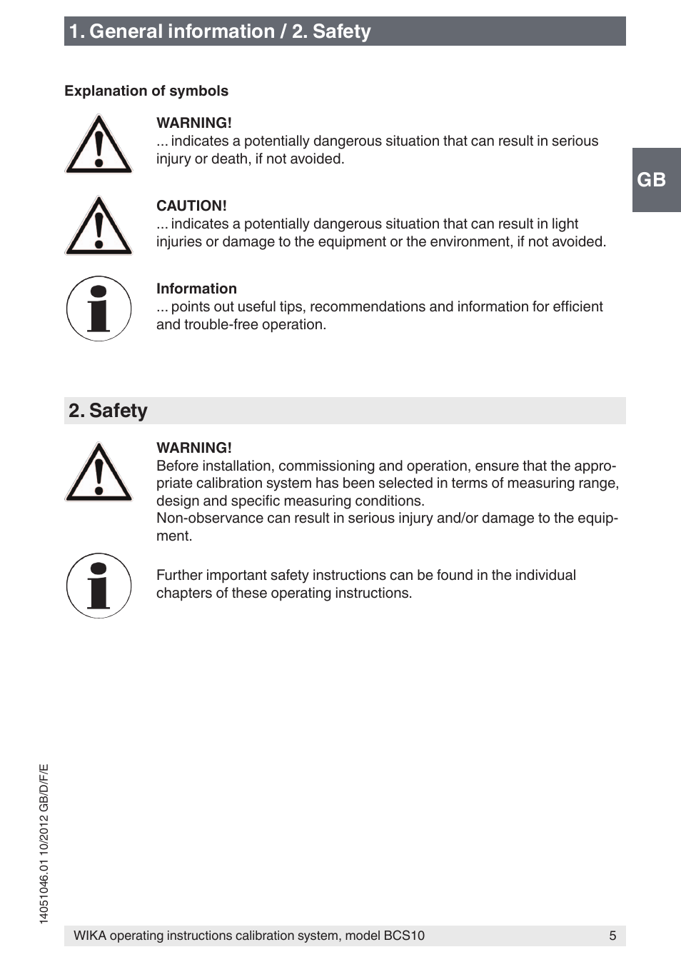 Gb 1. general information / 2. safety, Safety | WIKA BCS10 User Manual | Page 5 / 108