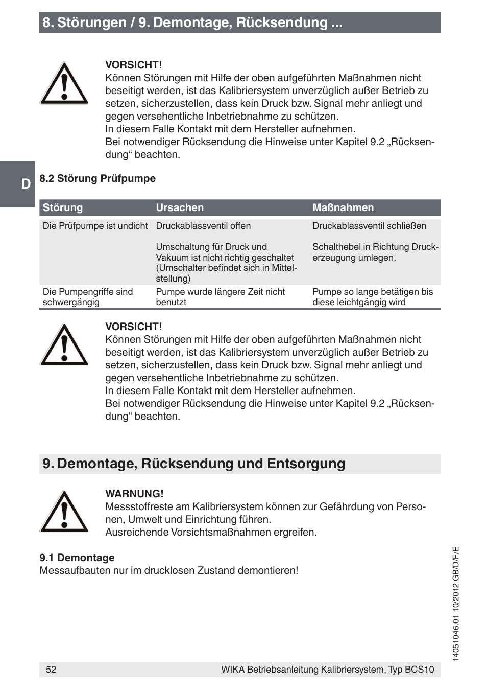 D8. störungen / 9. demontage, rücksendung, Demontage, rücksendung und entsorgung | WIKA BCS10 User Manual | Page 52 / 108